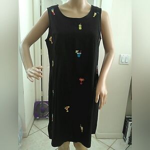VINTAGE Black Sleeveless Dress W/ Multi Cocktail GLASSES Embroidery PTP 19 MED